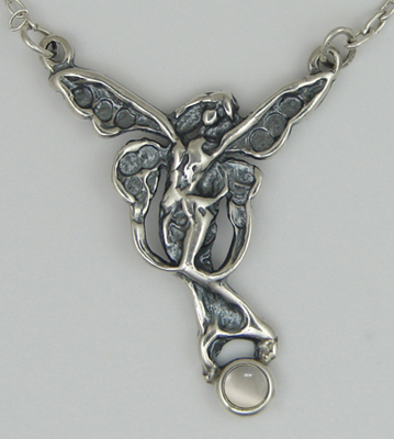 Sterling Silver Victorian Winged Fairy Necklace With White Moonstone